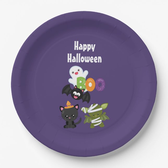 Cute Halloween Cat, Bat, Mummy & Ghost Paper Plates (Front)