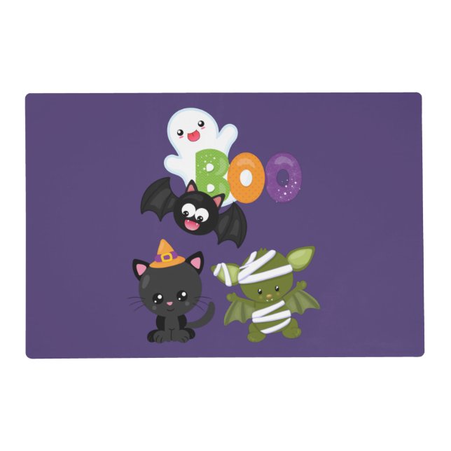 Cute Halloween Cat, Bat, Mummy & Ghost Placemat (Front)