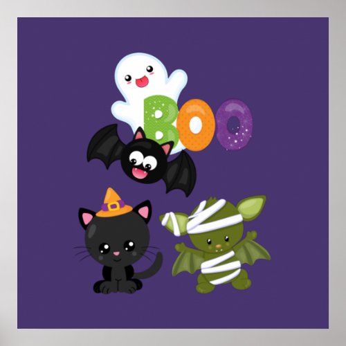 Cute Halloween Cat Bat Mummy  Ghost Poster