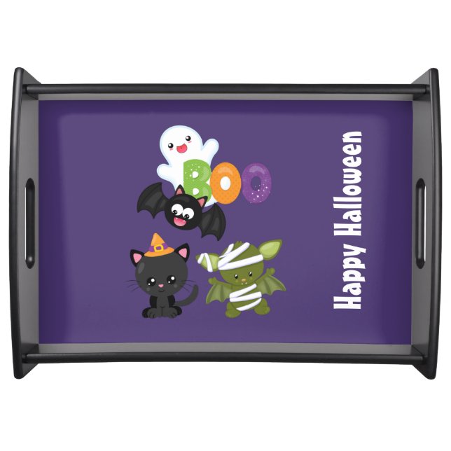 Cute Halloween Cat, Bat, Mummy & Ghost Serving Tray (Front)