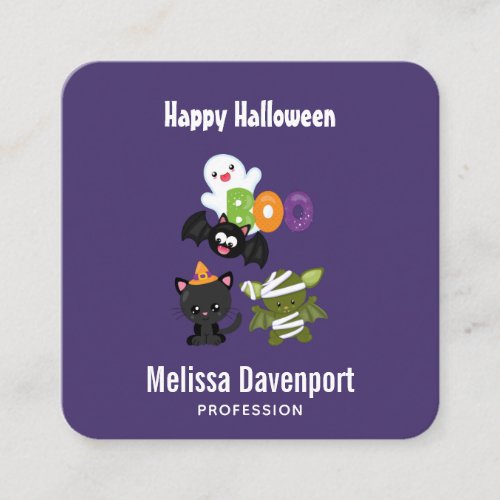 Cute Halloween Cat Bat Mummy  Ghost Square Business Card