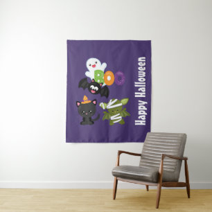 Cute Halloween Cat, Bat, Mummy & Ghost Tapestry