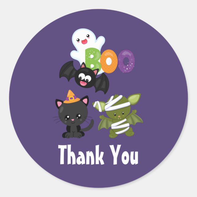 Cute Halloween Cat, Bat, Mummy & Ghost Thank You Classic Round Sticker (Front)
