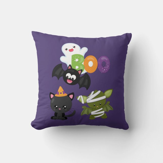Cute Halloween Cat, Bat, Mummy & Ghost Throw Pillow (Front)