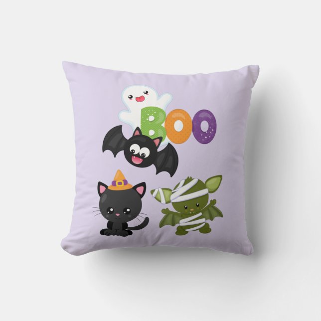 Cute Halloween Cat, Bat, Mummy & Ghost Throw Pillow (Front)