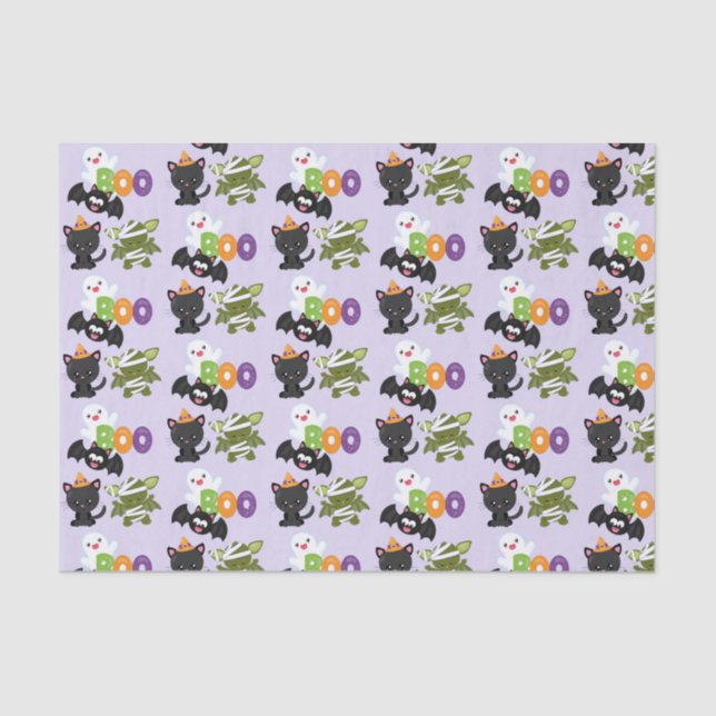 Cute Halloween Cat, Bat, Mummy & Ghost Tissue Paper (Front)