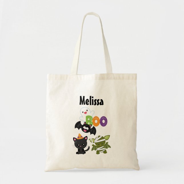 Cute Halloween Cat, Bat, Mummy & Ghost Tote Bag (Front)