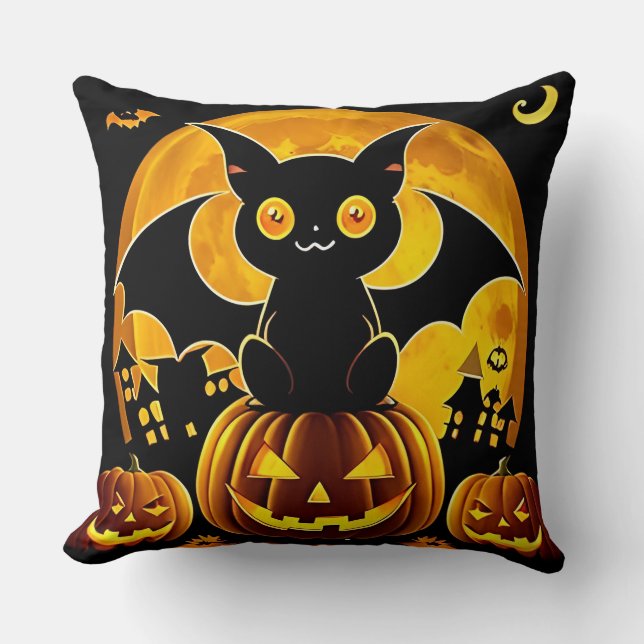 🐾🌙 Cute Halloween Cat Bat Pumpkin Night Charm  Throw Pillow (Front)