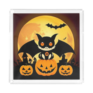 Cute Halloween Cat Character with Pumpkins Acrylic Tray
