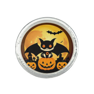 Cute Halloween Cat Character with Pumpkins Ring