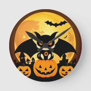 Cute Halloween Cat Character with Pumpkins Round Clock