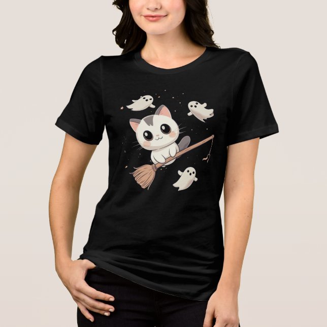 Cute Halloween Cat Flying on Broom T-Shirt Tri-Blend Shirt (Front)