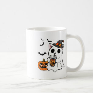 Cute Halloween Cat In Ghost Costume Drinking Boba Coffee Mug