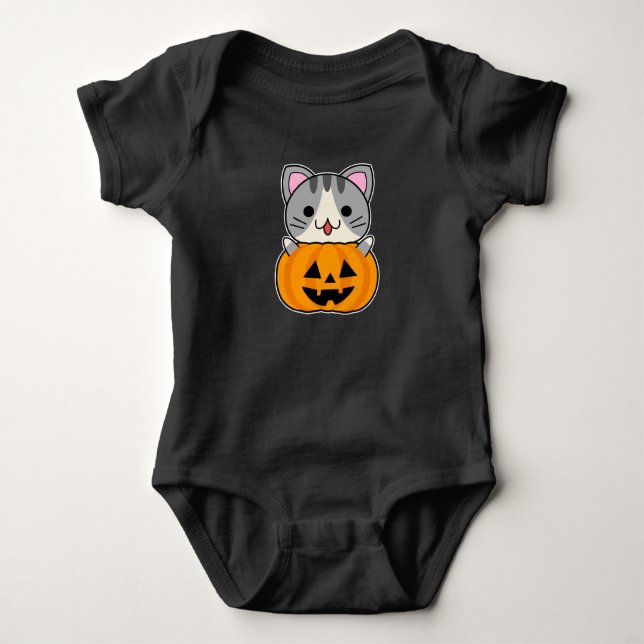 Cute Halloween Cat in Jack o Lantern Baby Bodysuit (Front)
