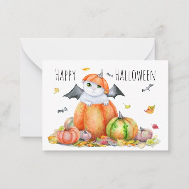 Cute Halloween Cat in Pumpkin Note Card (Front)