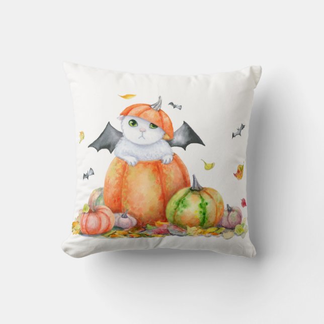Cute Halloween Cat in Pumpkin Throw Pillow (Front)