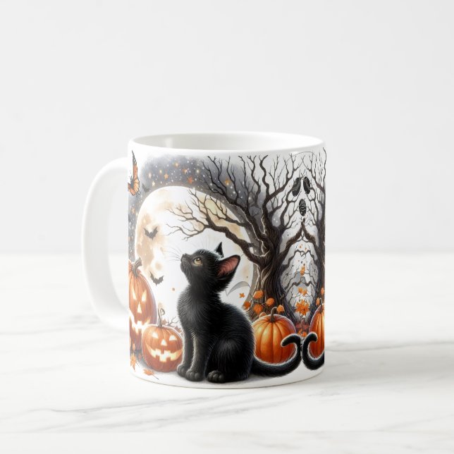 Cute Halloween Cat Pumpkin and Ghost Mug (Front Left)