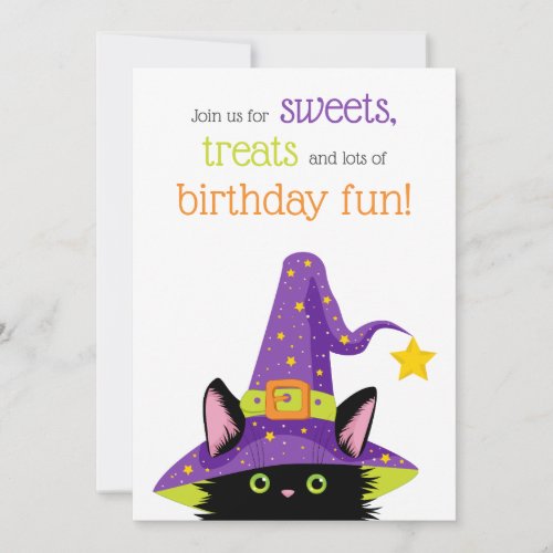 Cute Halloween Cat Purple Green Orange Birthday Invitation