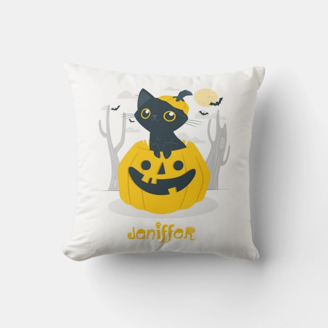 Cute Halloween Cat Rising From Pumpkin Bats Moon Throw Pillow (Front)