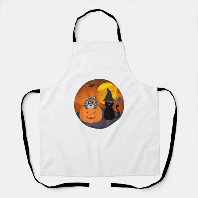 Cute Halloween Cat Scene Witch Pumpkin Bat Full Mo Apron (Front)
