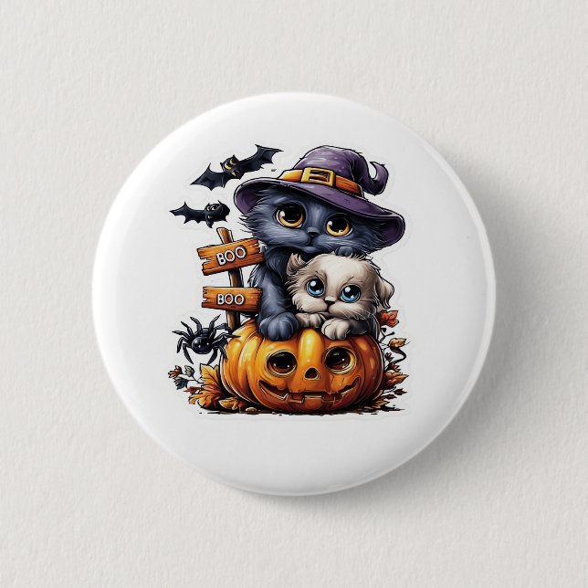 Cute Halloween Cat Sticker – Witch Hat, Pumpkin an Button (Front)