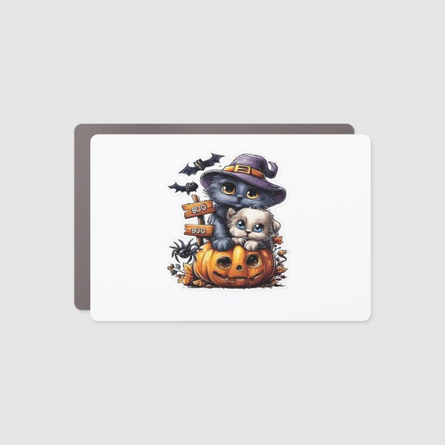 Cute Halloween Cat Sticker � Witch Hat, Pumpkin an Car Magnet (Front)