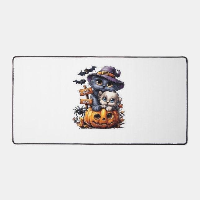 Cute Halloween Cat Sticker – Witch Hat, Pumpkin an Desk Mat (Front)