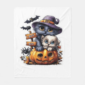 Cute Halloween Cat Sticker � Witch Hat, Pumpkin an Fleece Blanket