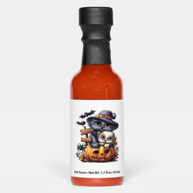 Cute Halloween Cat Sticker � Witch Hat, Pumpkin an Hot Sauces (Front)
