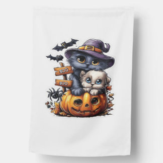Cute Halloween Cat Sticker � Witch Hat, Pumpkin an House Flag
