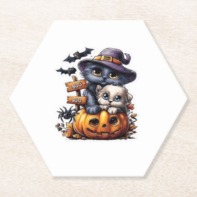 Cute Halloween Cat Sticker – Witch Hat, Pumpkin an Paper Coaster (Front)