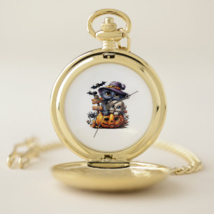 Cute Halloween Cat Sticker – Witch Hat, Pumpkin an Pocket Watch