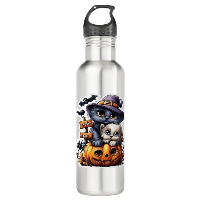 Cute Halloween Cat Sticker – Witch Hat, Pumpkin an Stainless Steel Water Bottle (Front)