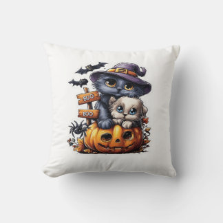 Cute Halloween Cat Sticker � Witch Hat, Pumpkin an Throw Pillow