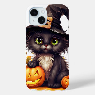 Cute Halloween Cat Witch on Pumpkin Fall Season iPhone 15 Case