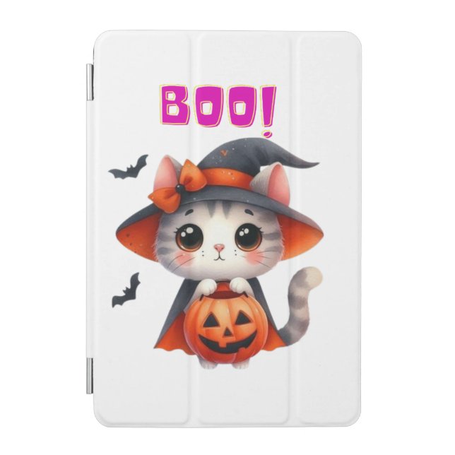 Cute Halloween Cat with Pumpkin and Witch Hat Deco iPad Mini Cover (Front)