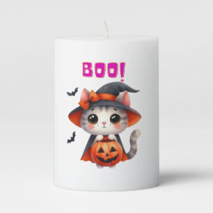 Cute Halloween Cat with Pumpkin and Witch Hat Deco Pillar Candle
