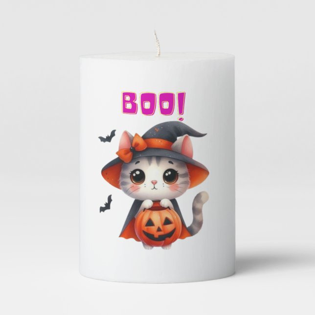 Cute Halloween Cat with Pumpkin and Witch Hat Deco Pillar Candle (Front)