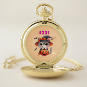 Cute Halloween Cat with Pumpkin and Witch Hat Deco Pocket Watch