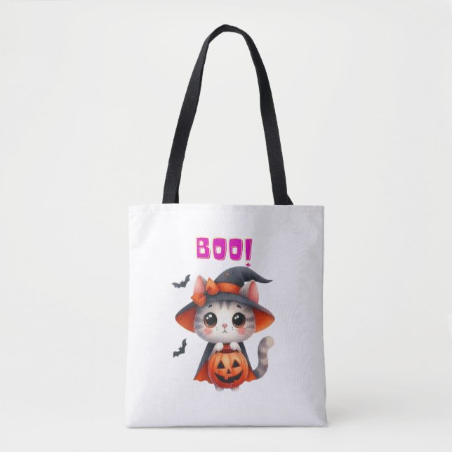Cute Halloween Cat with Pumpkin and Witch Hat Deco Tote Bag (Front)