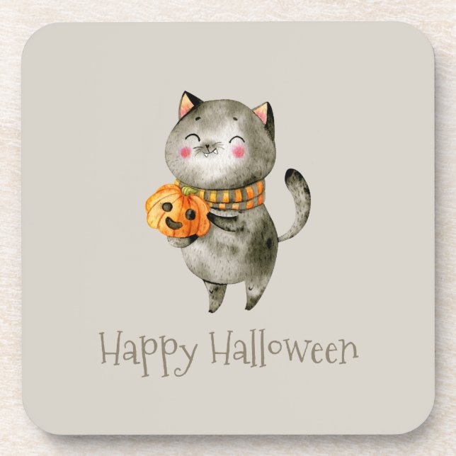 Cute Halloween Cat with Pumpkin | Coaster (Front)