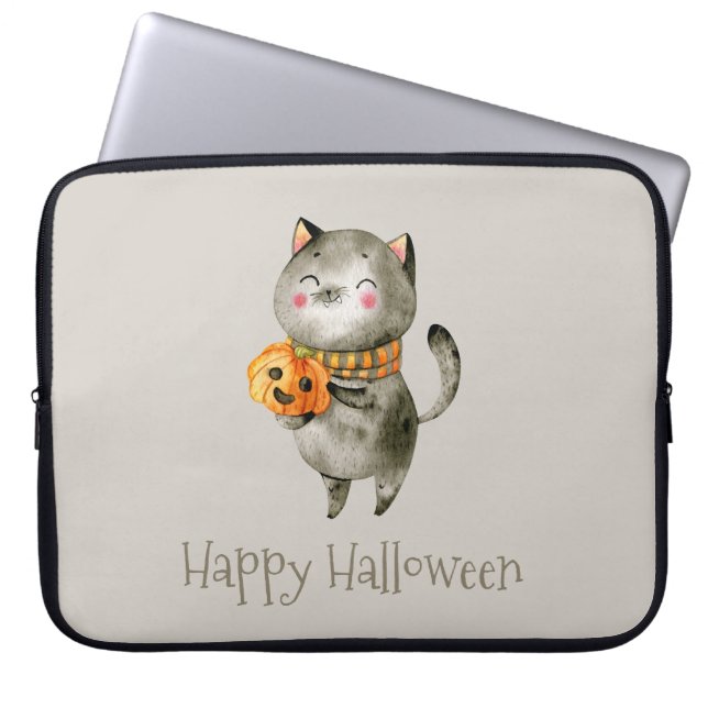 Cute Halloween Cat with Pumpkin | Laptop Sleeve (Front)
