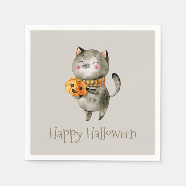 Cute Halloween Cat with Pumpkin | Napkin (Front)