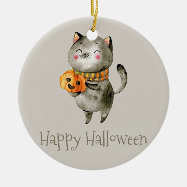 Cute Halloween Cat with Pumpkin | Ornament (Front)