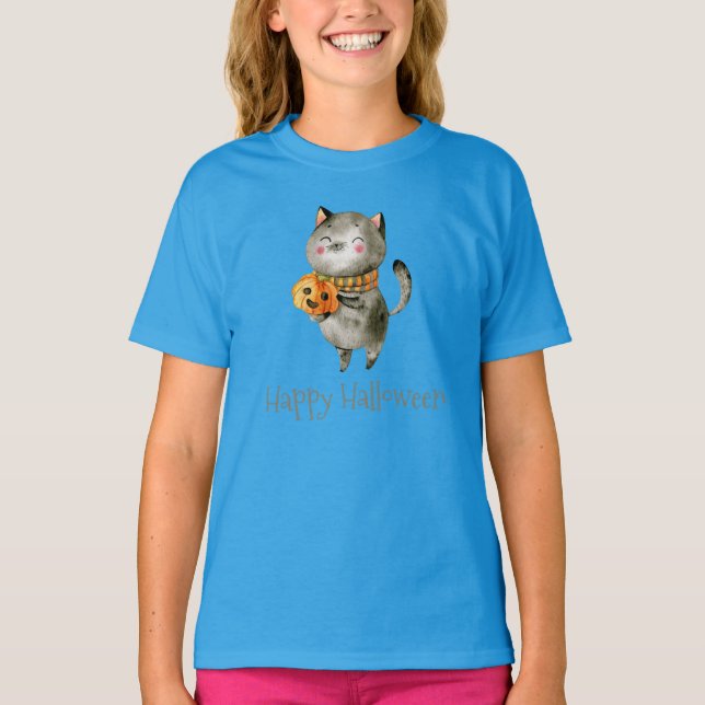 Cute Halloween Cat with Pumpkin Ringer Shirt (Front)