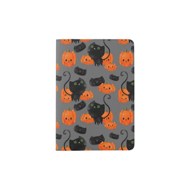 Cute Halloween cat with pumpkins Passport Holder (Front)