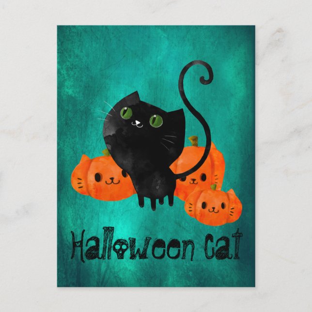 Cute Halloween cat with pumpkins Postcard (Front)