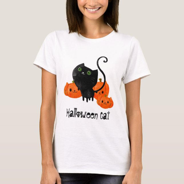 Cute Halloween cat with pumpkins T-Shirt (Front)