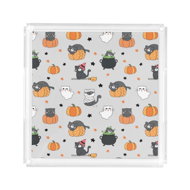Cute Halloween Cats and Ghosts Pattern Acrylic Tray (Front)