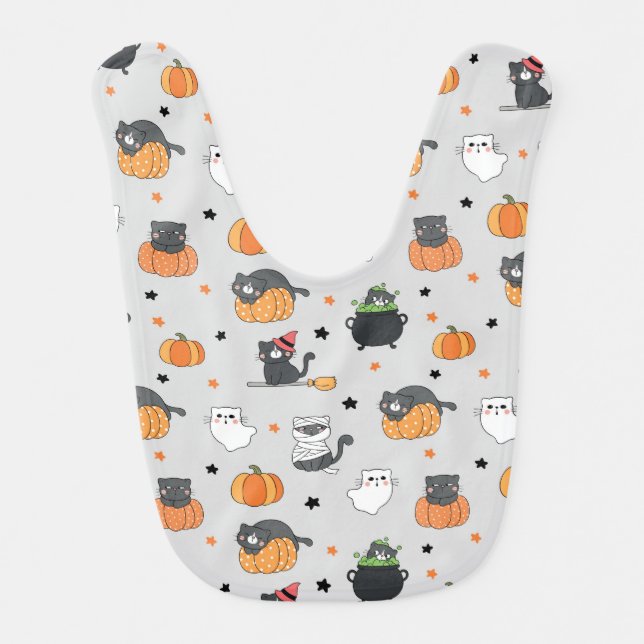 Cute Halloween Cats and Ghosts Pattern Baby Bib (Front)